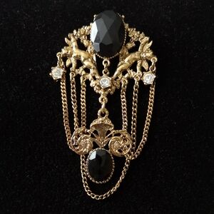 Elegant Black Gold-tone Brooch Statement Piece Estate Jewelry Excellent Quality
